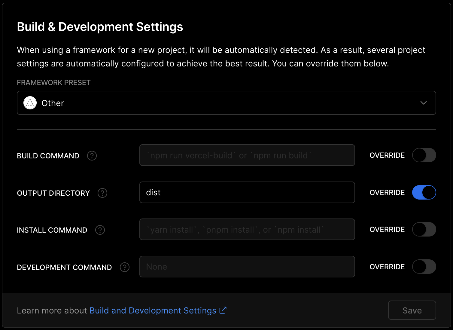 Build and Development Settings